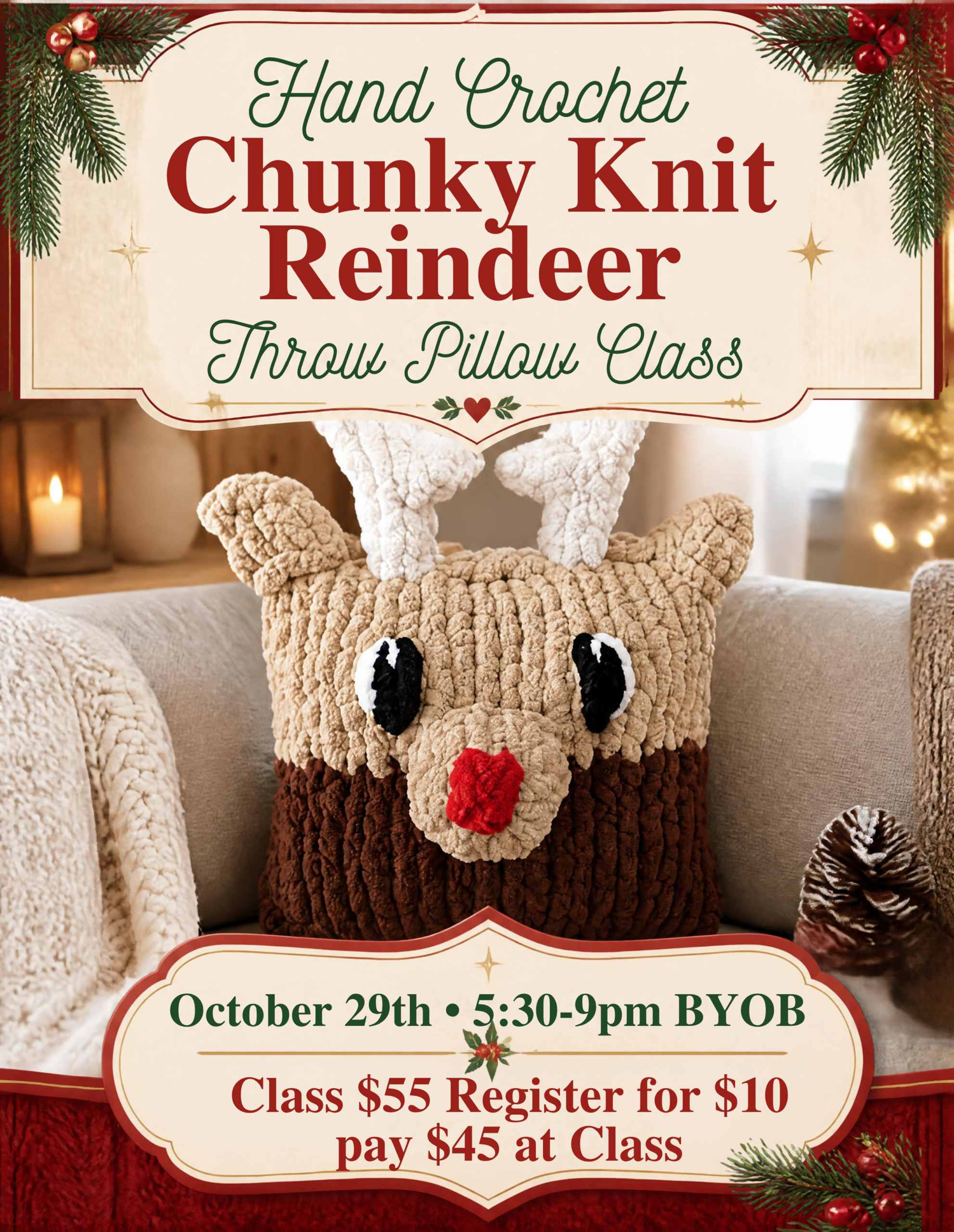 Hand Knit Chunky Knit  Reindeer Throw Pillow